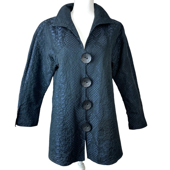 CAROLINE ROSE Navy Jacquard Button Long Sleeve Tunic Length Jacket. USA Size M - Picture 2 of 7